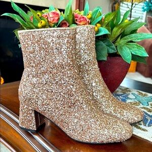 Brand New Gold Glitter Heeled Ankle Boots Chunky Heels Round Toe Sparkly Party